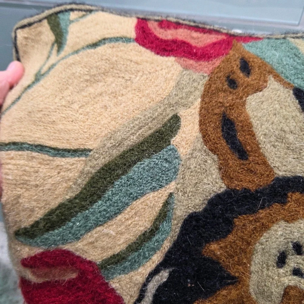 Vintage Needle Felted Wool Calico Cat‎ Floral Throw Pillow Folk Art Decor Boho